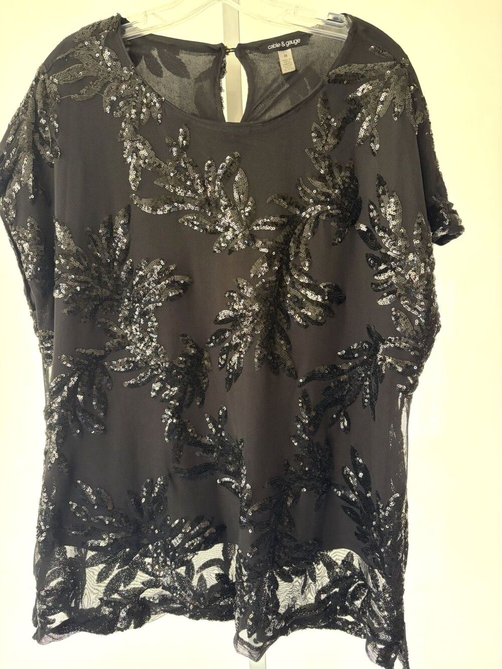 Cable & Gauge Lined Black Sequined Short Sleeve Top Sparkle 2X Fancy Glam